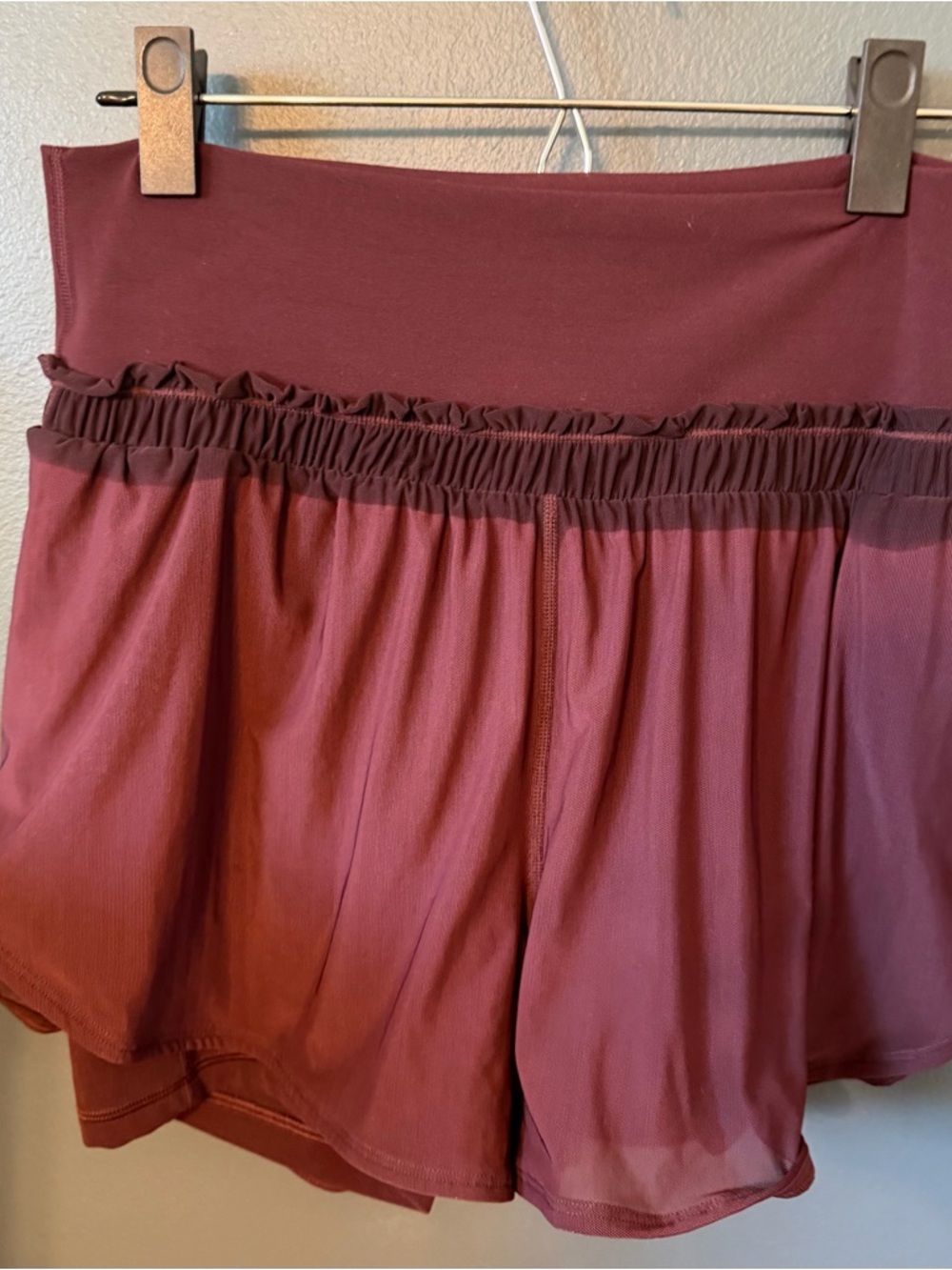 Athleta Maroon High-Rise Athletic Shorts with Gathered Waist